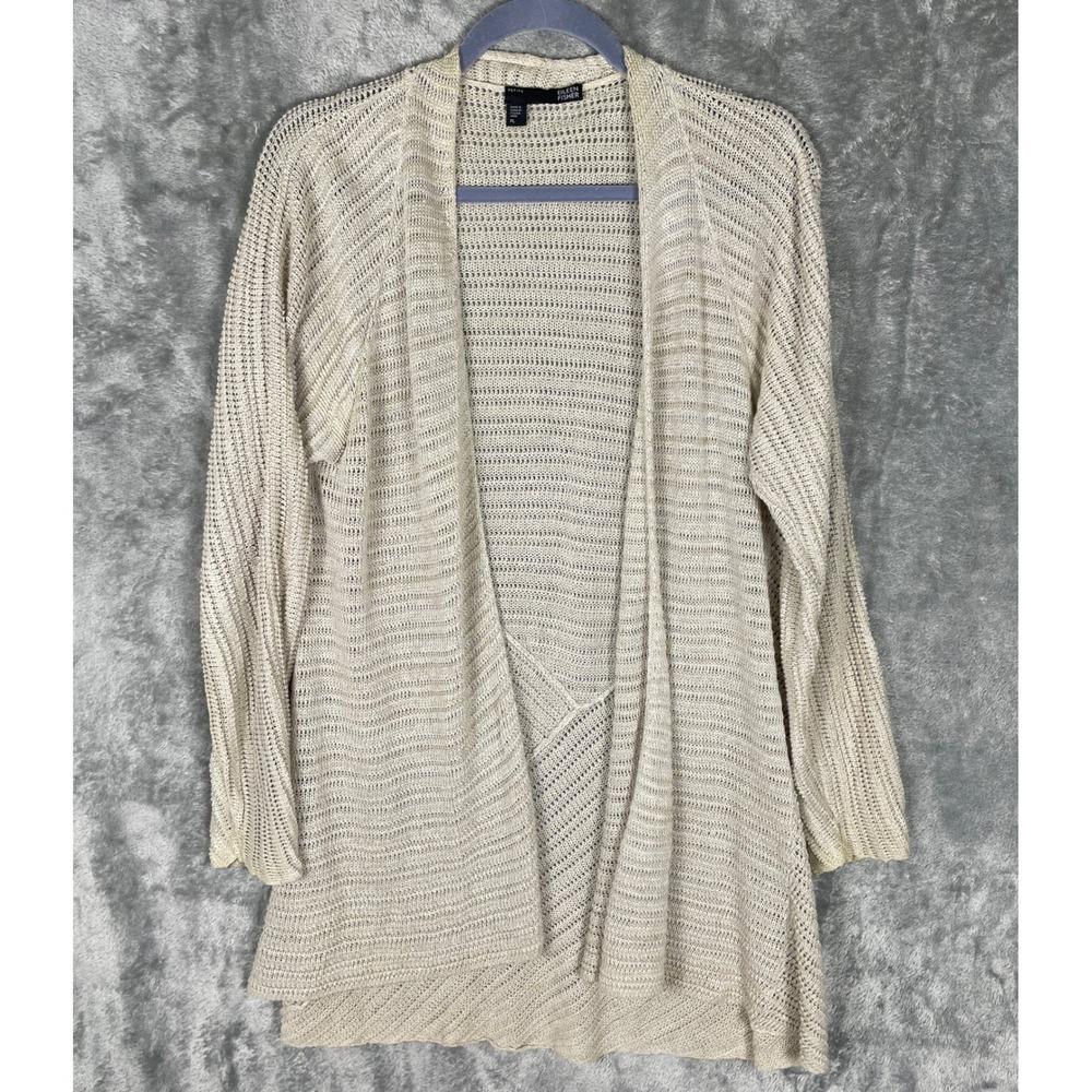 Eileen Fisher Cardigan Womens PL Beige Good Linen Open Front Mesh Italian Yarn